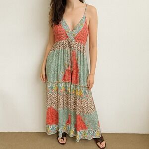 Z&L Maxi Dress Womens Medium Boho Paisley Print Tiered V Neck Coral Teal Beachy